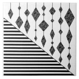 Black and white, abstract, geometric, simple, Scan Ceramic Tile