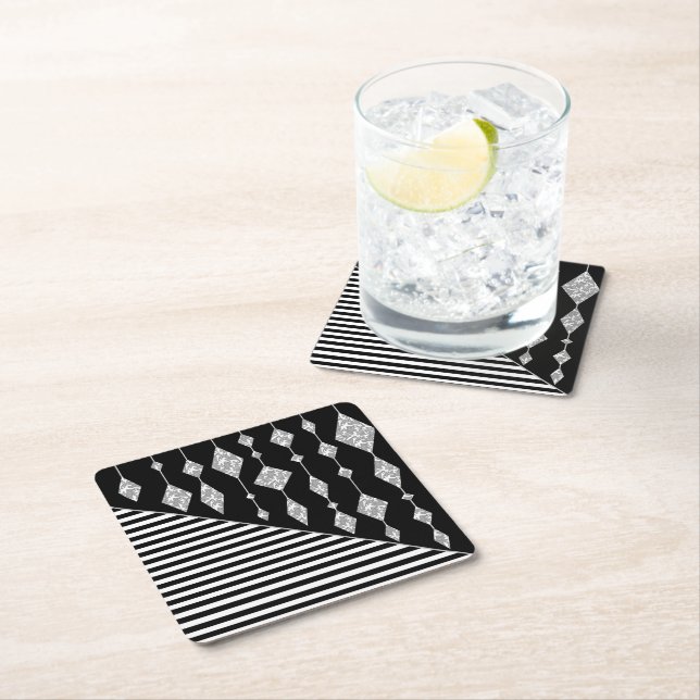 Black and white, abstract, geometric, simple, Scan Square Paper Coaster (Insitu)