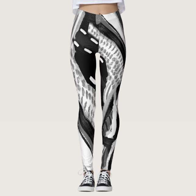 Black and White Abstract High Waisted Leggings (Front)