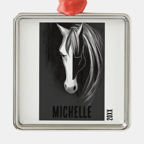 Black and White Abstract Horse Christmas Metal Ornament