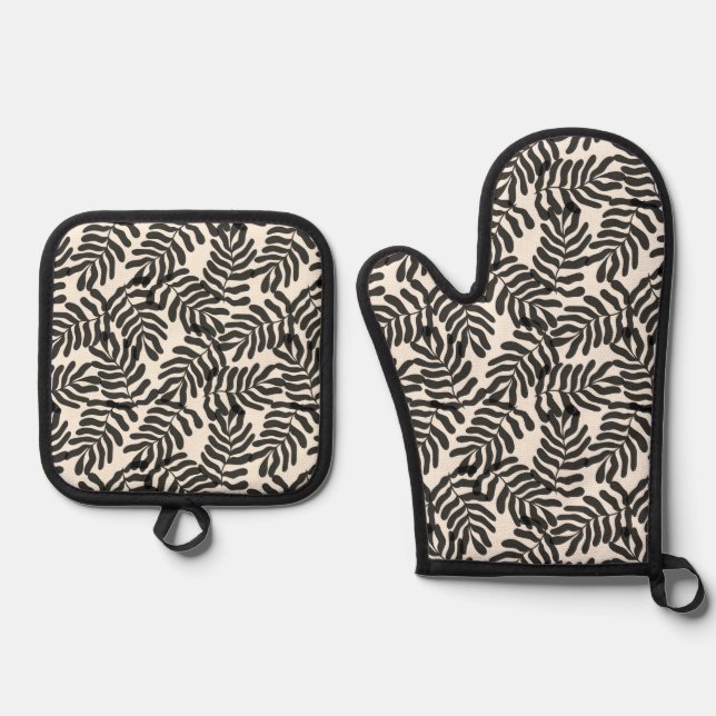 Black and white abstract leaves pattern oven mitt & pot holder set (Front)