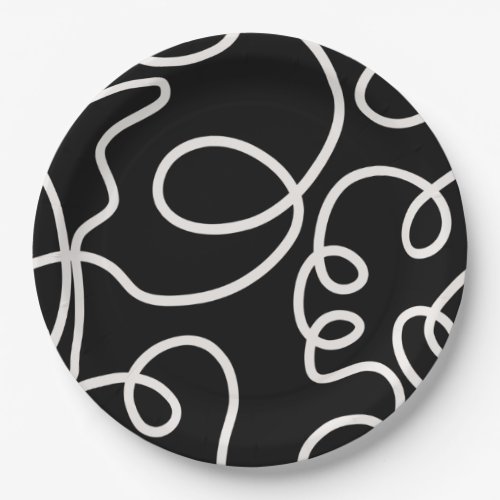 Black And White Abstract Line Brush Strokes Paper Plates