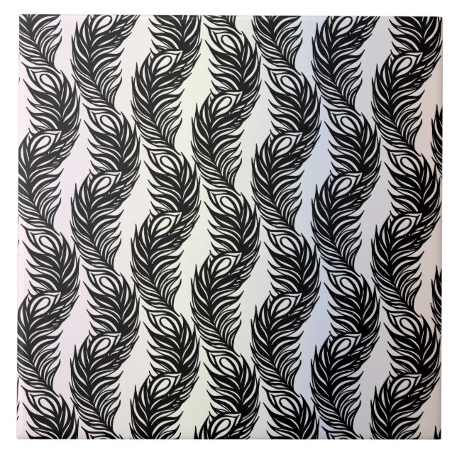 Black and white abstract Peacock feather pattern Ceramic Tile (Front)