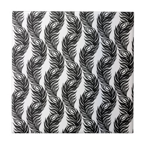 Black and white abstract Peacock feather pattern Ceramic Tile
