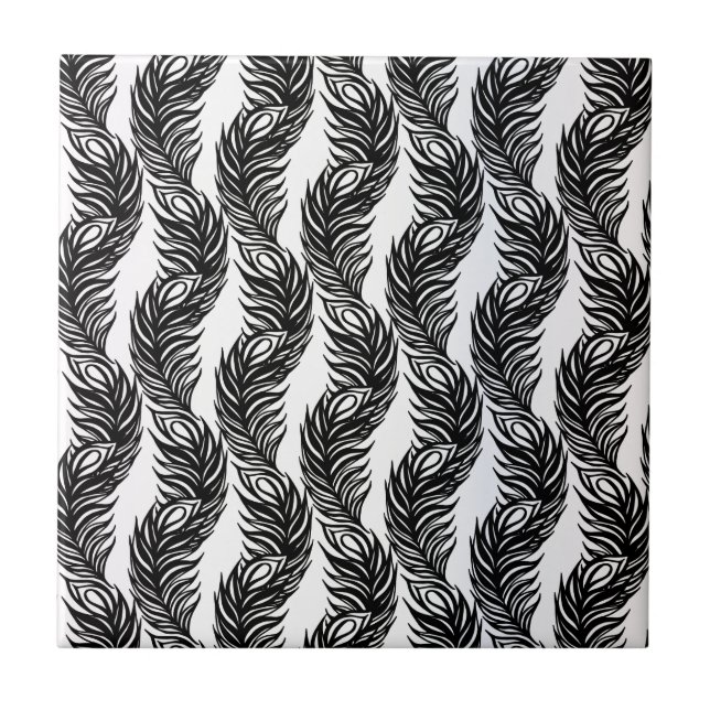 Black and white abstract Peacock feather pattern Ceramic Tile (Front)