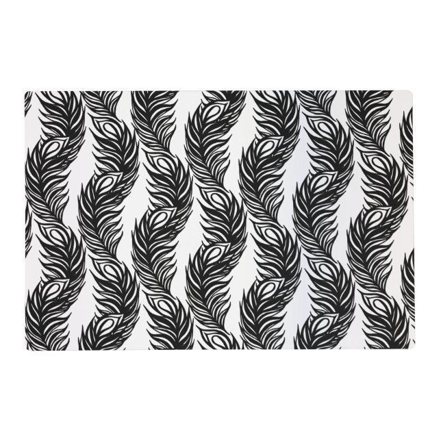 Black and white abstract Peacock feather pattern Placemat (Front)