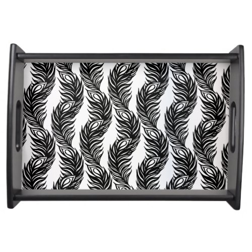 Black and white abstract Peacock feather pattern Serving Tray