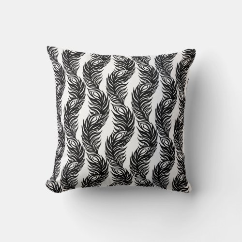 Black and white abstract Peacock feather pattern Throw Pillow