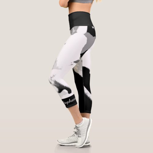 Black and White Abstract Personalized Name Capri Leggings