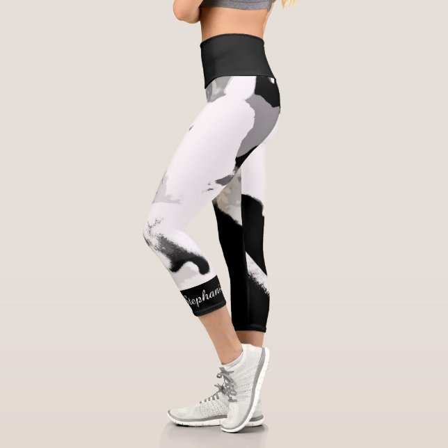 Black and White Abstract Personalized Name Capri Leggings (Left)