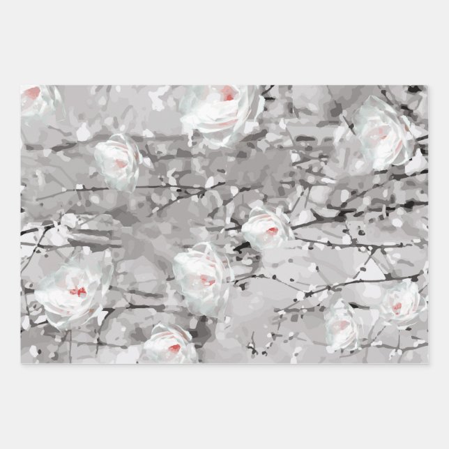 Black and White Abstract Snowy Flower Wrapping Paper Sheets (Front)