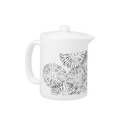 Black and white abstract spring flowers teapot