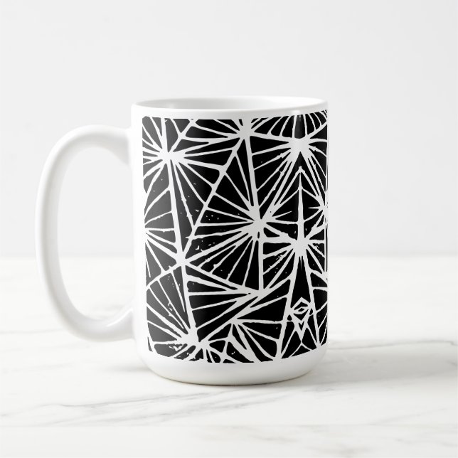 Black and White Abstract Triangles Lino Cut Coffee Mug (Left)