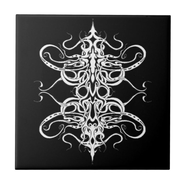 Black and White Abstract Tribal Tattoo Design Ceramic Tile (Front)