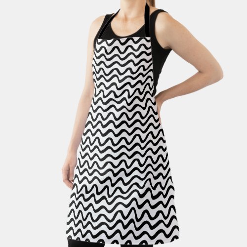 Black and White Abstract Wavy Stripe Pattern Apron