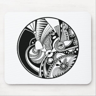 Black And White Abstract Zendala On Circle Mouse Pad