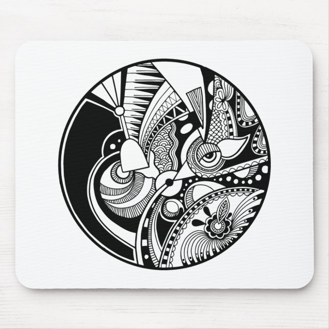 Black And White Abstract Zendala On Circle Mouse Pad (Front)