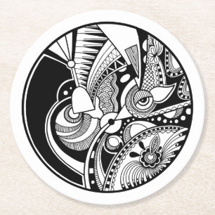 Black And White Abstract Zendala On Circle Round Paper Coaster