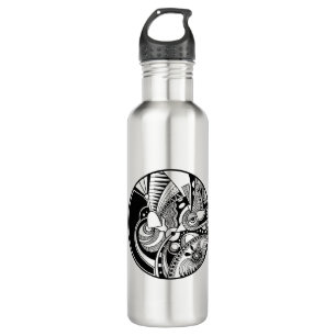 Black And White Abstract Zendala On Circle Stainless Steel Water Bottle