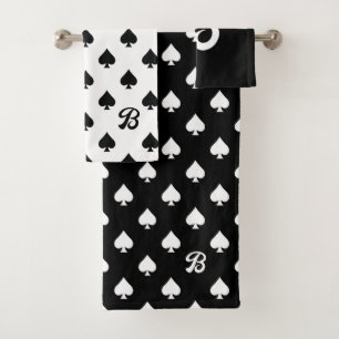 Black and White Ace of Spades Pattern Monogram Bath Towel Set