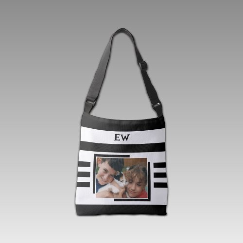 Black and white add initials 2 photo crossbody bag