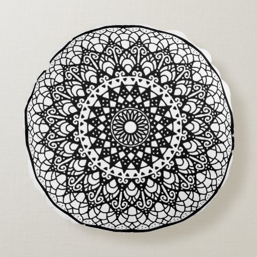 Black and White Adult Coloring Mandala II Round Pillow