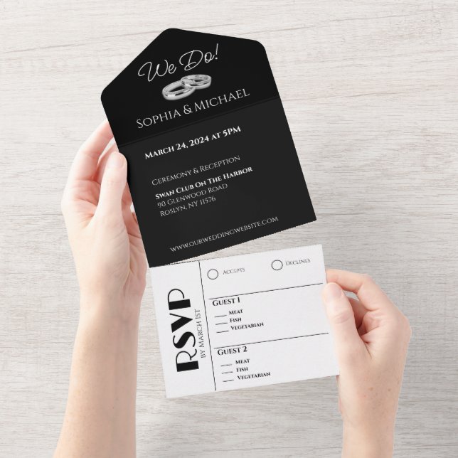 Black and White Affair-Wedding Rings- All In One Invitation (Tearaway)