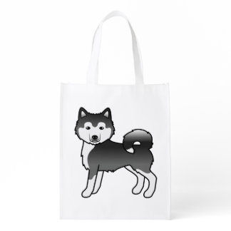 Black And White Alaskan Malamute Cute Cartoon Dog Grocery Bag