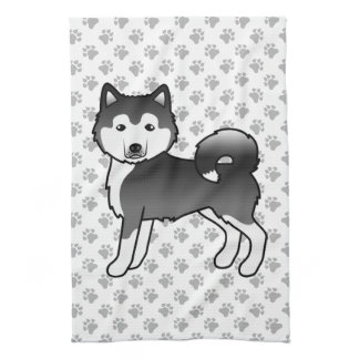 Black And White Alaskan Malamute Cute Cartoon Dog Kitchen Towel