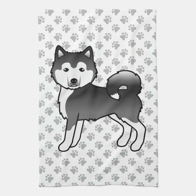 Black And White Alaskan Malamute Cute Cartoon Dog Kitchen Towel (Vertical)