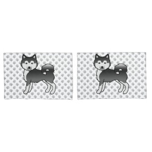Black And White Alaskan Malamute Cute Cartoon Dog Pillow Case