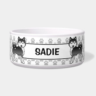 Black And White Alaskan Malamute Dogs &amp; Name Bowl