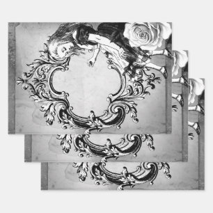 Black and White Alice in Wonderland Ornate Frame Wrapping Paper Sheets