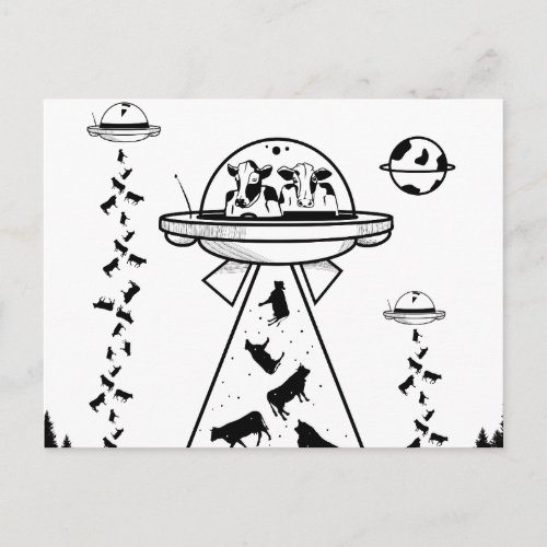 Black and white alien abduction postcard