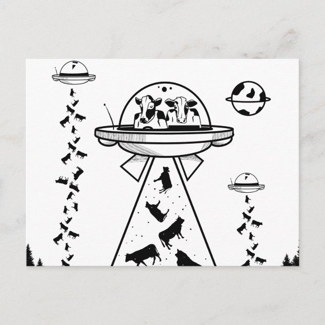 Black and white alien abduction postcard (Front)