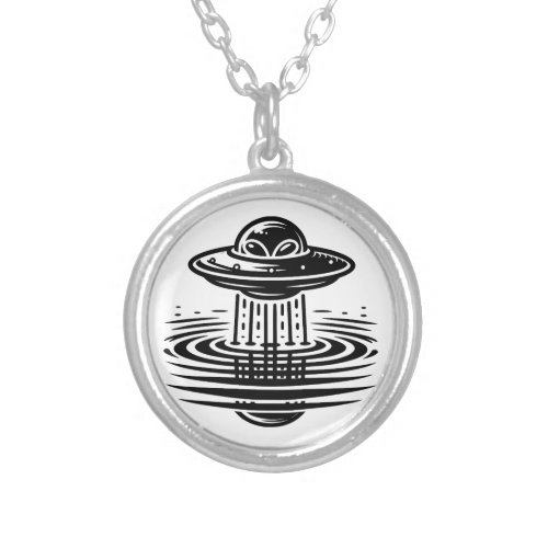 Black and White Alien in UFO Ai art Silver Plated Necklace