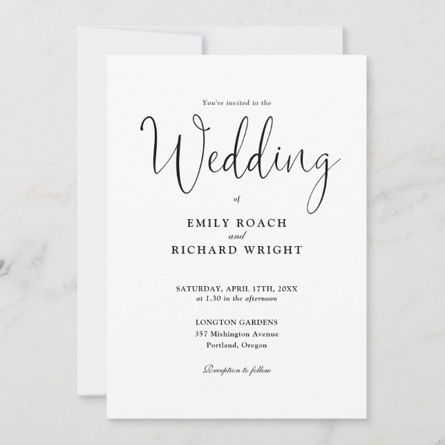 Black And White All In One Elegant Script Wedding Invitation (Front)
