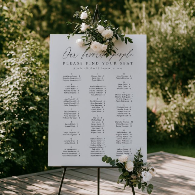 Black and White Alphabetical Seating Chart Foam Board (Minimalist Black and White Alphabetical Seating Chart | Our Favorite People)