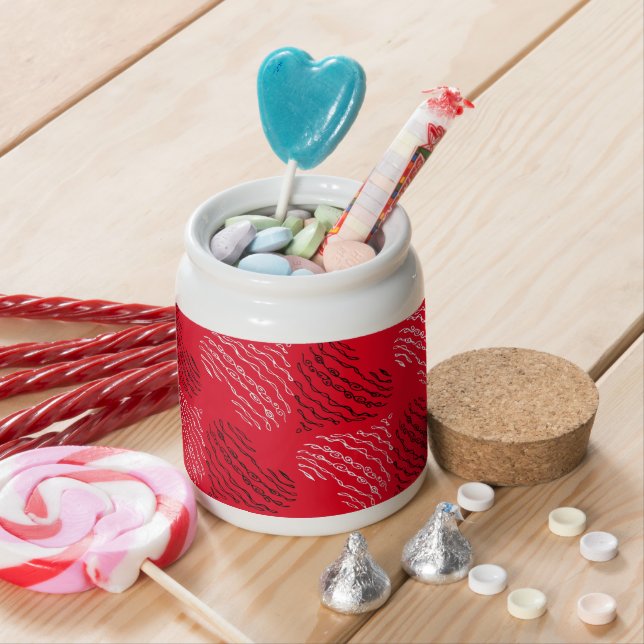 Black and White Alternating Heart Lines on Red Candy Jar (In Situ)