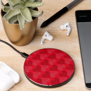 Black and White Alternating Heart Lines on Red Wireless Charger