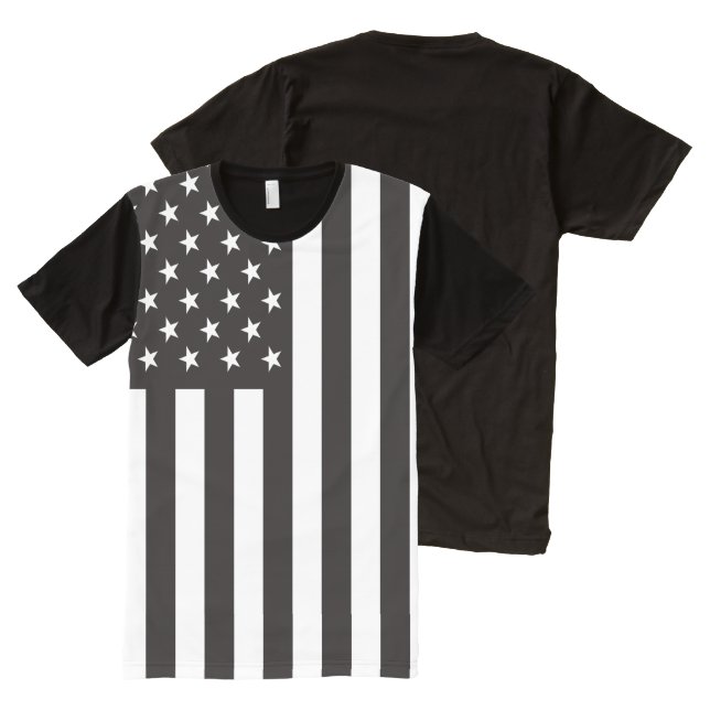 Black and White American Flag All-Over-Print T-Shirt (Front and Back)