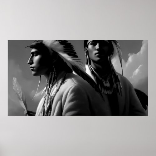 Black and White American Indian 2 men Monochrome Poster