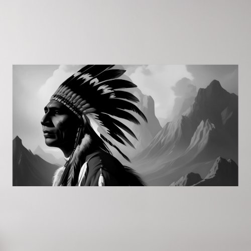 Black and White American Indian Man Monochrome Poster