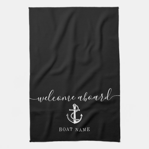 Black And White Anchor Boat Name Welcome Aboard Kitchen Towel