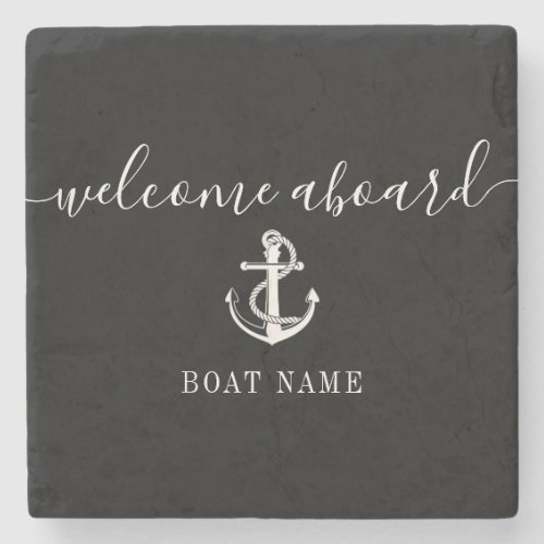 Black And White Anchor Boat Name Welcome Aboard Stone Coaster