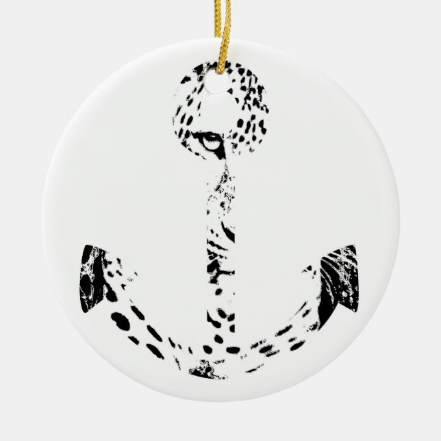 Black and White Anchor Leopard Eye Overlay Ceramic Ornament (Front)