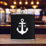 Black and White Anchor Monogram Hip Flask<br><div class="desc">Modern and trendy nautical design.</div>