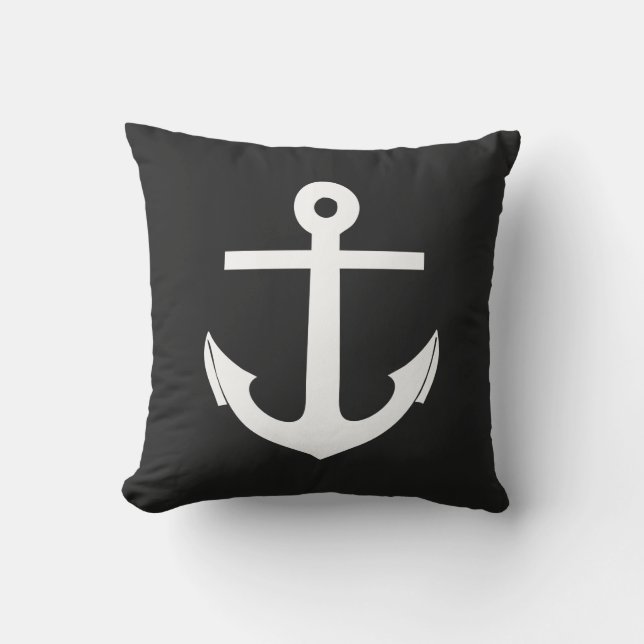 Black and White Anchor Nautical Throw Pillow (Front)