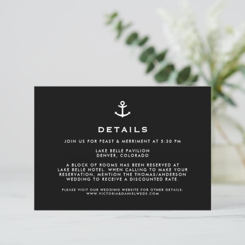 Black and White Anchor Nautical Wedding Details Enclosure Card