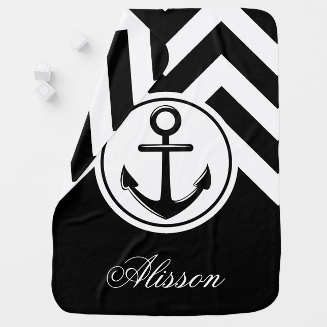 Black and White Anchor Pattern Baby Blanket (In Situ)